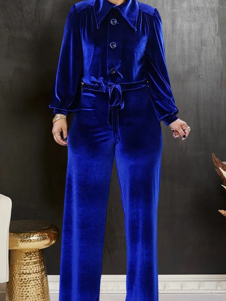 

Autumn Winter Velvet Solid Color 2 Pcs For Ladies Turn Down Collar Button Up Loose Top + Drawstring Waist Wide Leg Pants Sets