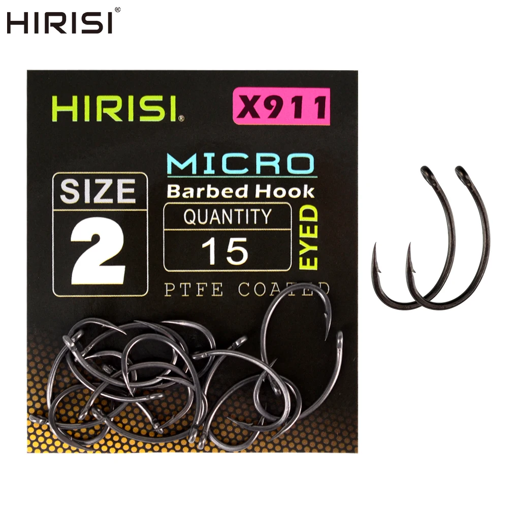 Hirisi 15 Stück Angelhaken aus PTFE-beschichtetem Hartstahl mit Mikro-Widerhaken und Öse für Karpfenangeln, Zubehör X911 – Detail 1