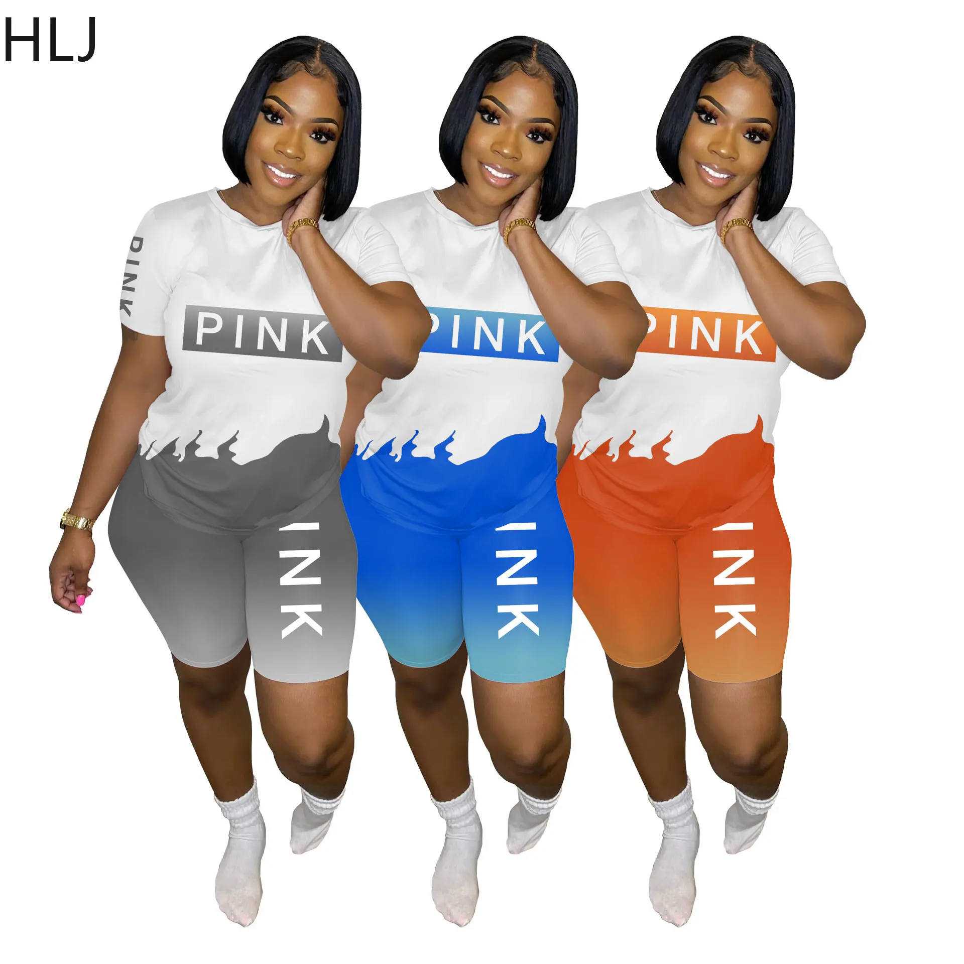 

HLJ Summer PINK Letter Printing Tracksuits Women Round Neck Short Sleeve Tshirt + Biker Shorts Two Piece Set Casual 2pcs Outfits
