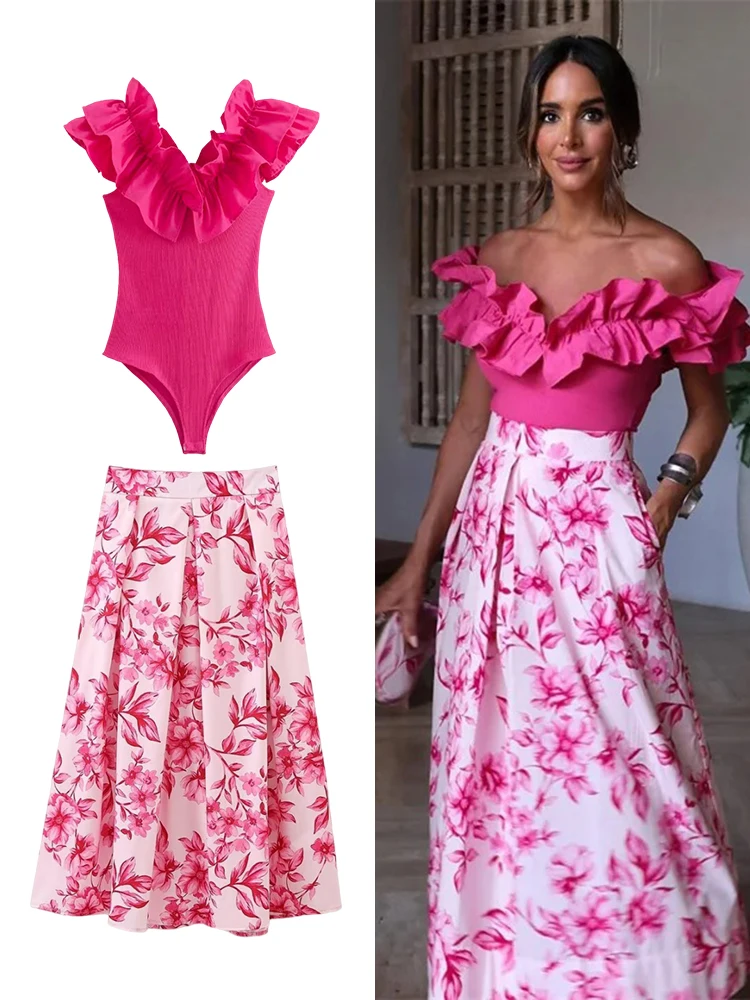 TRAF Women's Floral Printing High Waist Pleated Long Skirt Fashion Sexy Ruffle Slimming Jumpsuit Top Elegant Women's Clothing
