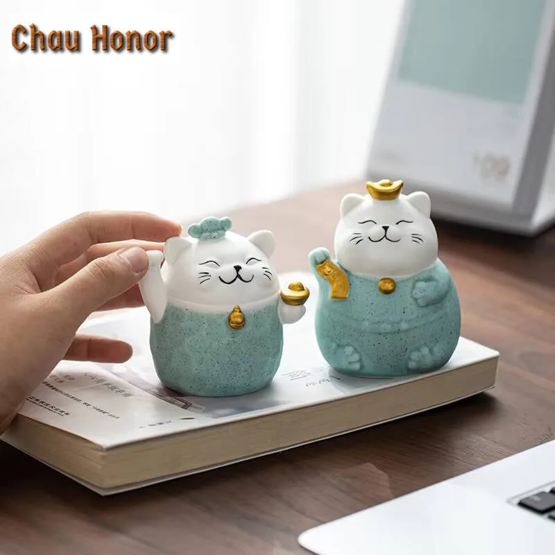 Boutique Cute Lucky Kitten Sculpture Ceramic Tea Pet Handmade Household Living Room Office Decoration Accessories Birthday Gift