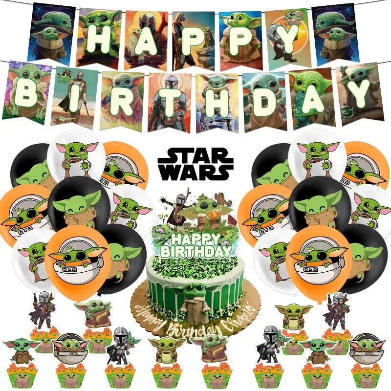 Star Wars Movies Yoda Baby Theme Birthday Party Decoration Balloon Flag Cake Insertion Decoration Spirale Pendant Invitation Card