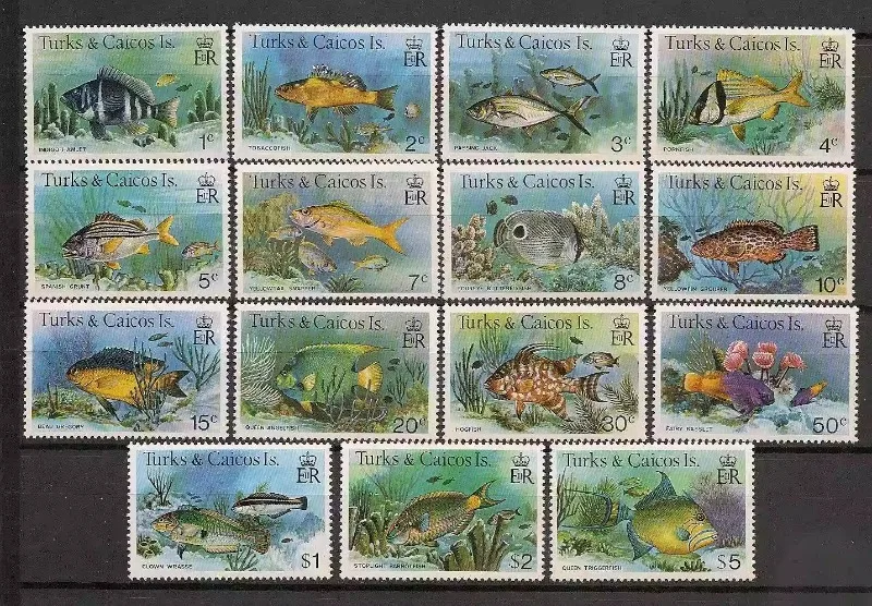 

15 PCS, Turks and Caicos, 1978-1979, Fish, Real Original Post Stamps for Collection, MNH