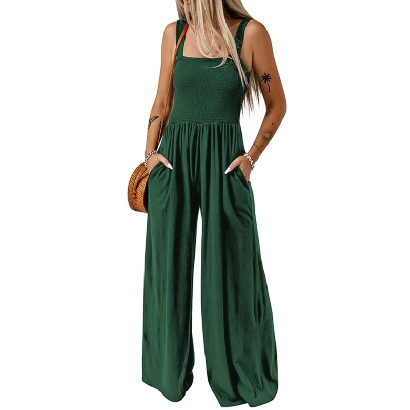 

Women Wide Leg Long Pant Jumpsuit Sleeveless Solid Color Smocked Romper High Waist Casual Loose Overalls with Pockets DropShip