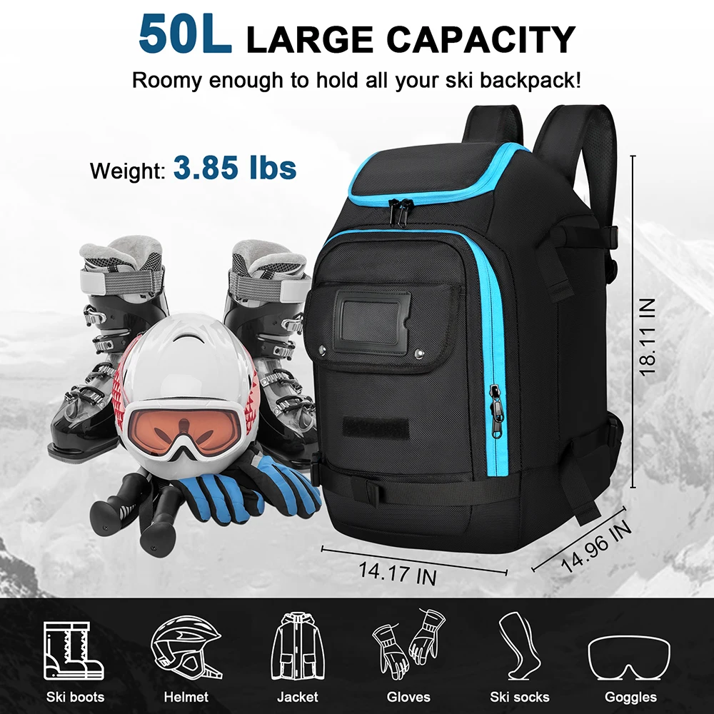 Travel Ski Boot Bag Backpack 50L Large Capacity Waterproof for Snowboard Boots Helmet Goggles Hang Skis Dry Wet Separation 2