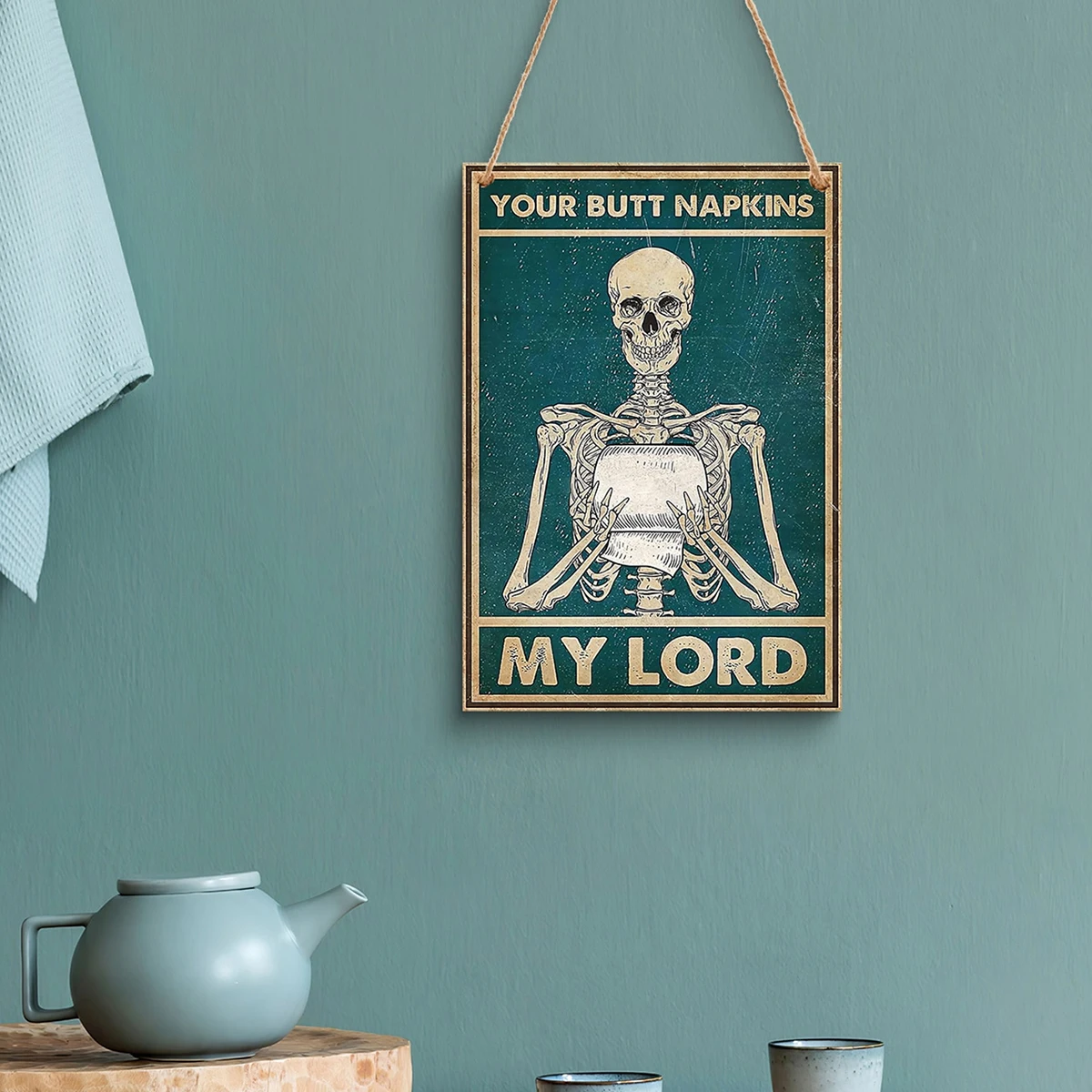 1PC, modern creative skull holding a tissue paper pattern decorative sign, wooden material home decoration sign