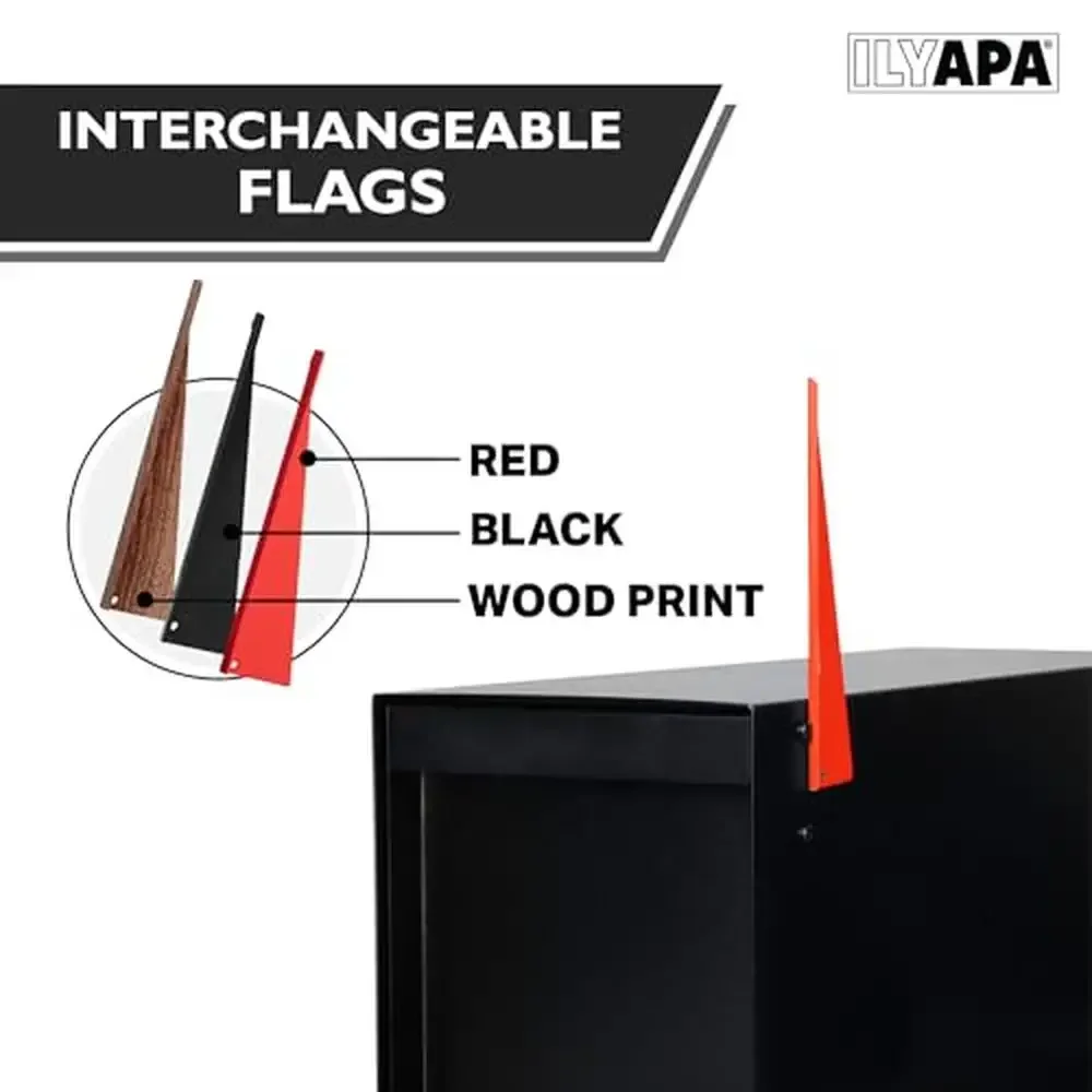 Black Modern Mailbox Heavy Duty Metal Post Mount Mail Box with Redwood Grain Trim Steel Construction Weather Resistant Universal