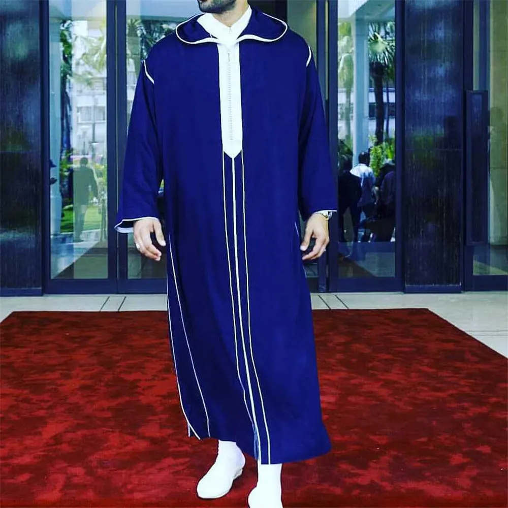 Muslim Fashion Casual Men's Robe New 2023 Dark Blue Standing Collar Muslim Robe Islamic Apparel Arabic Bonnet Homme Musulman