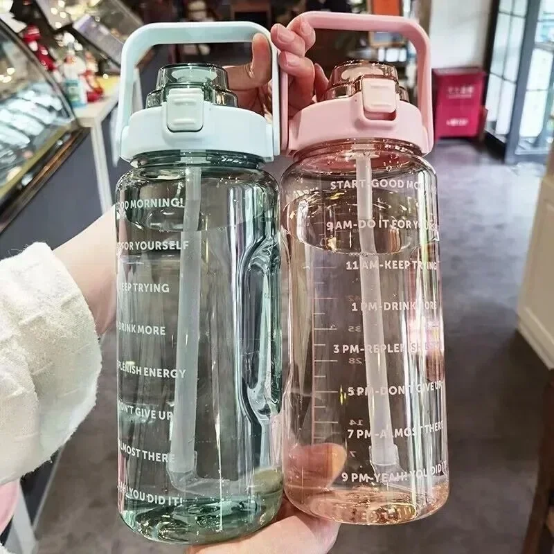 2L Large Capacity Plastic Water Cup Straw Water Bottle Portable Drink Bottle with Time Marker for Outdoor Sports Fitness