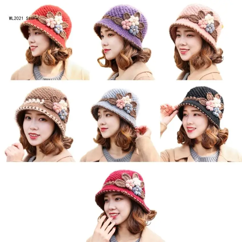 

Ladies Crochet Flower Fisherman Hat Wide Brim Bucket Hat Autumn Windproof Hat