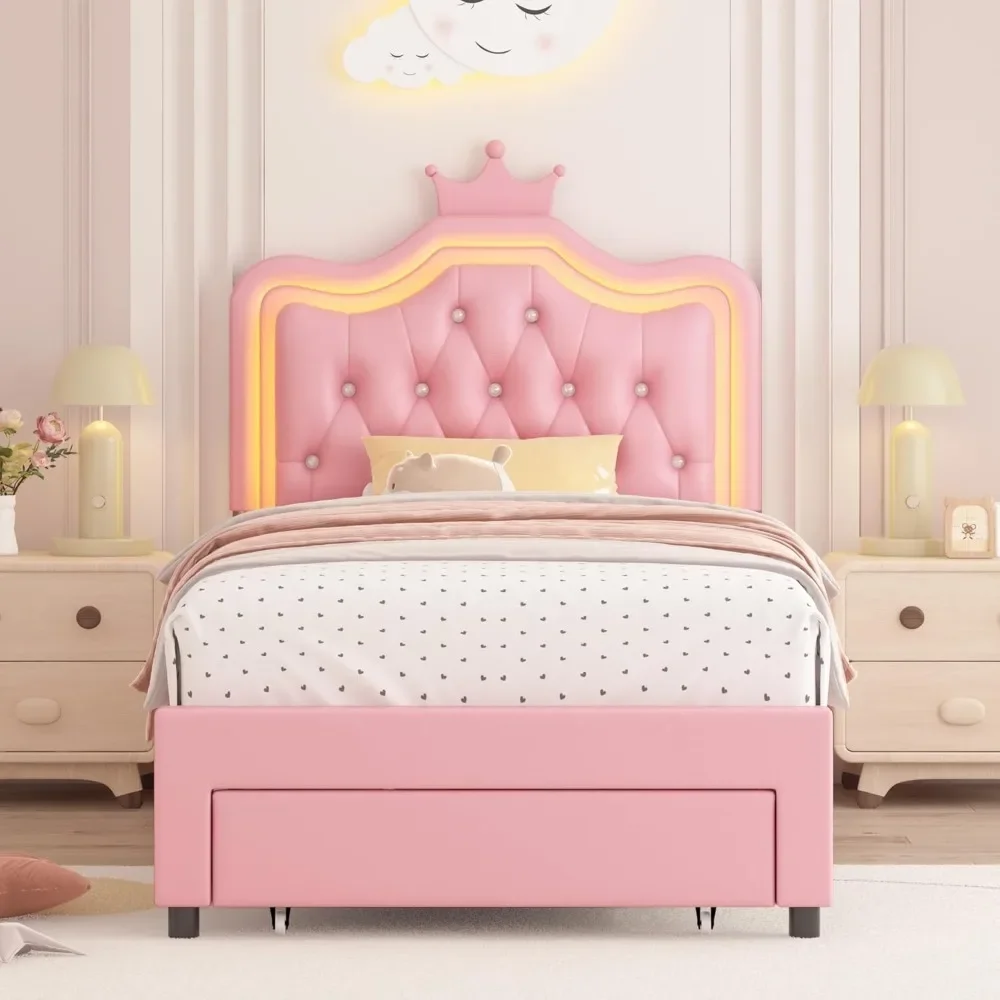 Twin Upholstered LED Bed Frame with Storage Drawer, Leather Princess Platform Bed 5