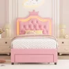 Twin Upholstered LED Bed Frame with Storage Drawer, Leather Princess Platform Bed 5