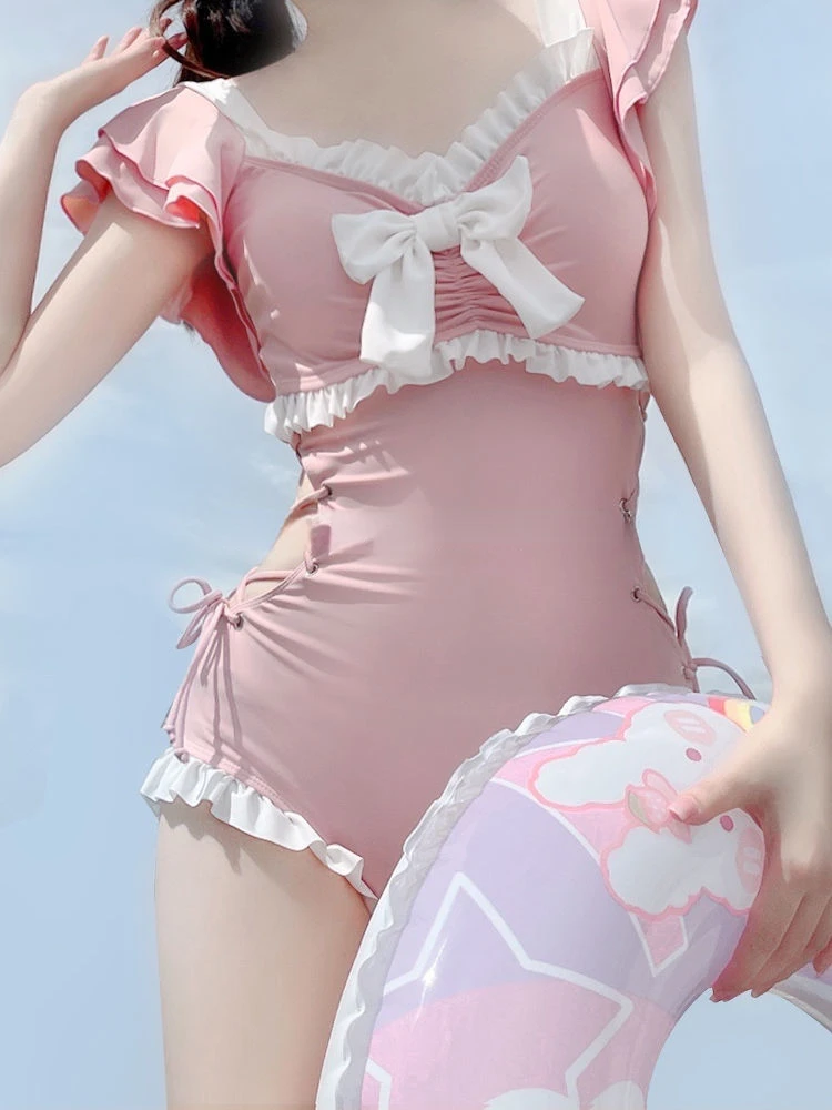 여성용 커버업 밴디지, 스위트 섹시 슬림 보우, 심플 수영복, 비치 스타일 얼짱 패치워크 디자인, 여름 기본 학생 러플