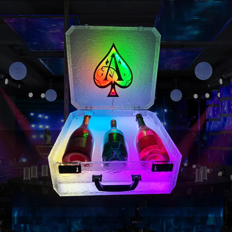 3 Bottles Capacity LED Ace of Spade Champagne Suitcase VIP Wine Bottle Presenter Box Glorifier Display Case For Nightclub Party