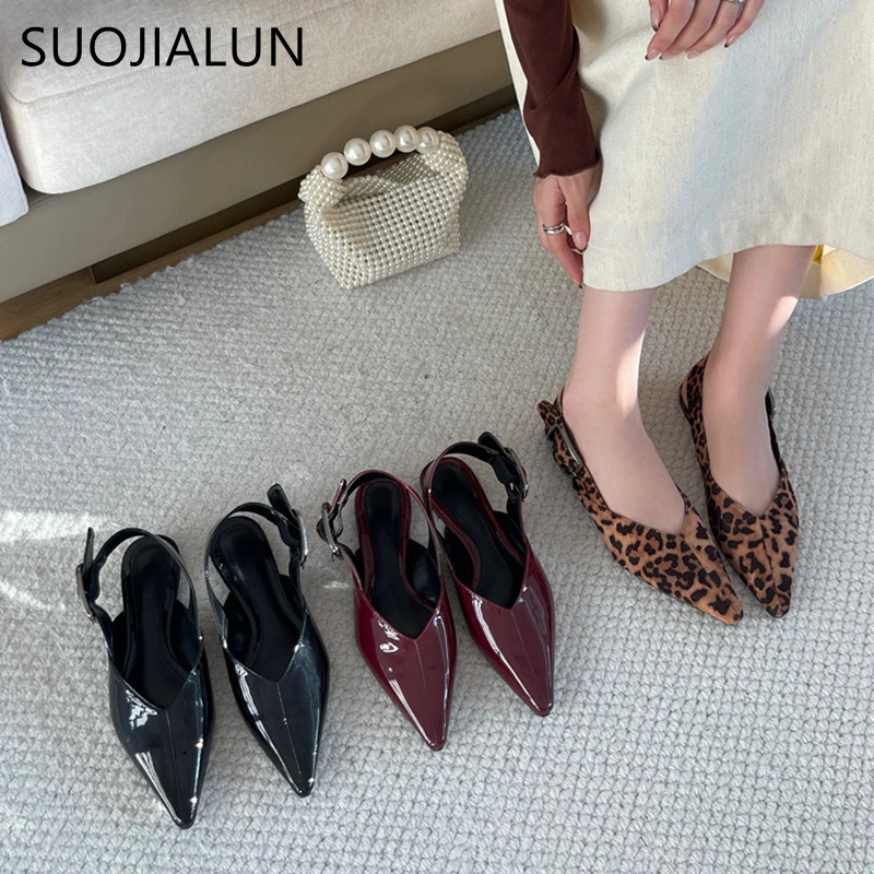 SUOJIALUN New Brand Women Sandal Fashion Pointed Toe Shallow Slip On Slingback Shoes Soft Flat Heel Outdoor Dress Mules Sho