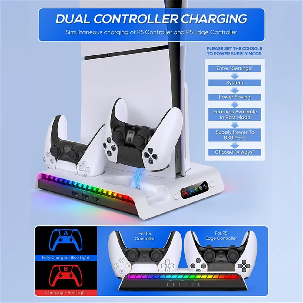 HOT PG-P5S006 Charging Dock Cooling Fan RGB For Playstation 5 Slim Both Disc and Digital Editions Charging Base Stand Station