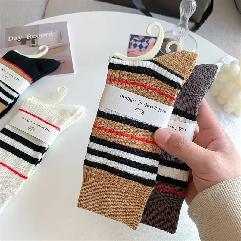 Ins college style retro pile cotton women\'s socks spring new stripe medium tube double needle women\'s socks