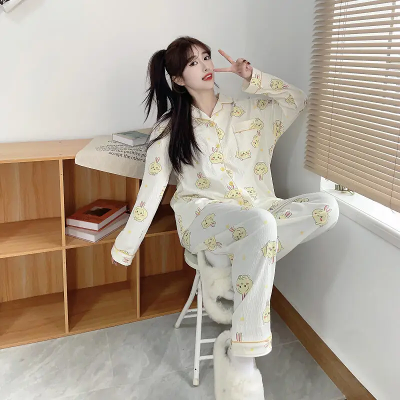 2Pcs Anime Chiikawa 순수 코튼 잠옷 세트 Usagi Homewear 라운드 넥 탑 바지 세트 Hachiware 귀여운 가정 의류 세트 선물