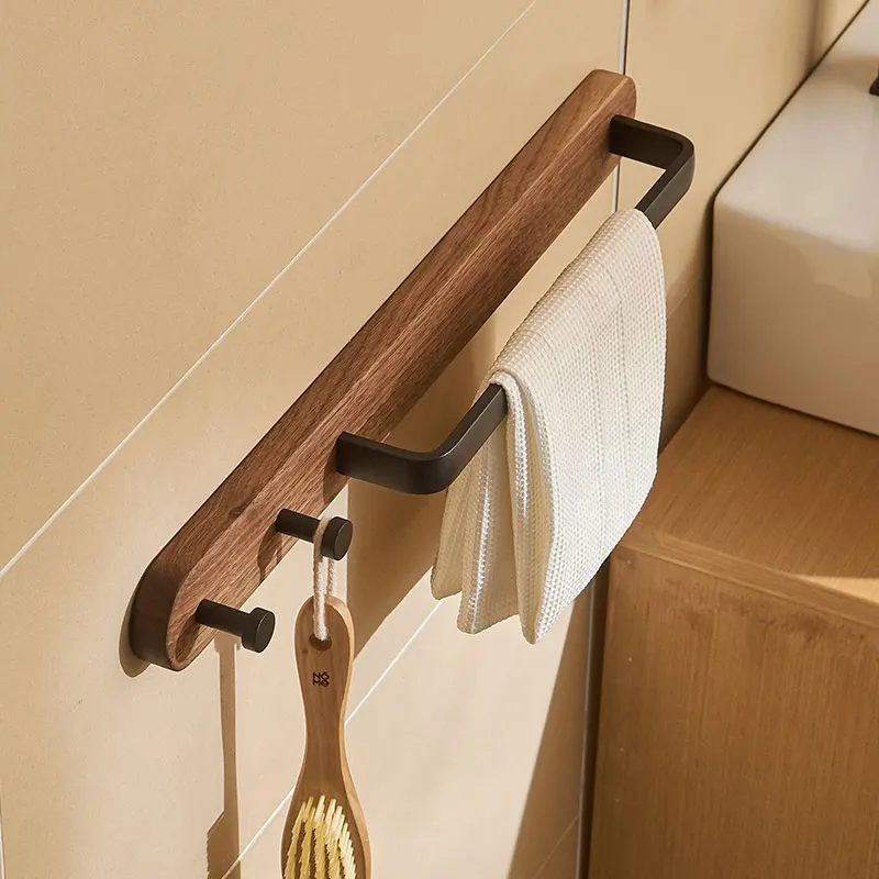 Walnut Wood Bathroom Towel Bar with Metal Rod, Wall Mounted Bath