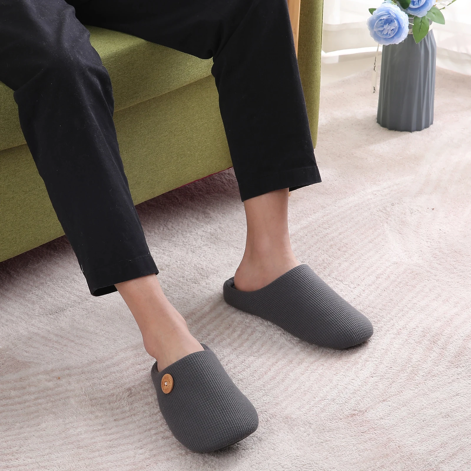 

A196zxw Winter Warm Cotton Slippers For Women Men Flats Soft Non-slip Fluffy