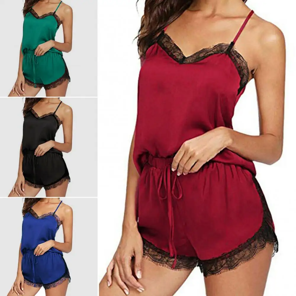 

2pcs/set Summer Women Sleepwear Set Sexy Silky Lace Vest Top Shorts Pants Home Underwear