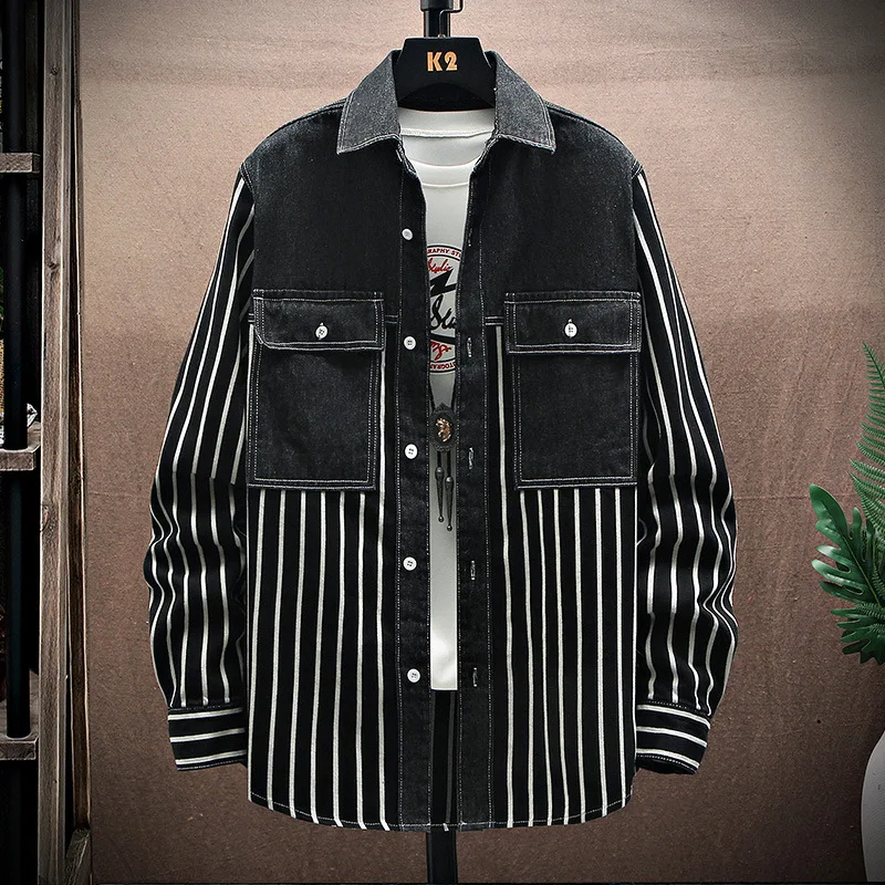 

Men Jean Jacket 2023 Men's Retro Striped Long Sleeves Tooling Shirt Pure Cotton Casual Social Shirt Vintage Clothes Trend