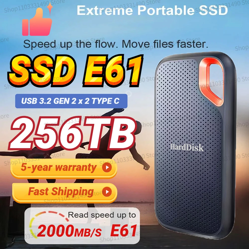 

256TB SSD E61 Portable External HD SSD USB 3.2 500GB 1TB 2TB 4TB Gen2 HDD Hard Drive Solid State Disk Speed 1050MB/s for PS5 PC