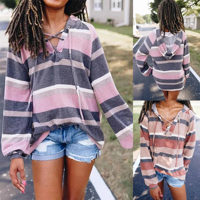 

Explosive Women's Printed Long Sleeve V-Neck Strap Casual Loose Top LLOM9519