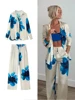 TRAFZA Women's Vintage Printed Satin Suit Loose Lapel Single Button Shirt Casual High Waisted Wide Leg Pants Commuter Suit 1
