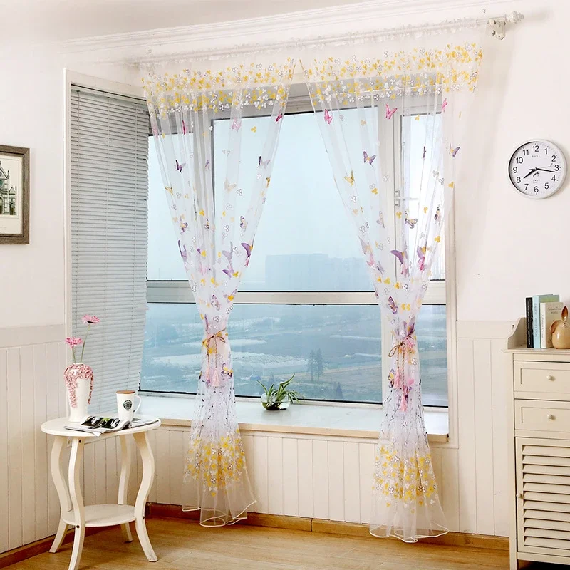 

Fresh Pastoral Style Tulle for Living Room Green Rose Red Butterfly Finished Window Screen Transparent Printing Process Tulle