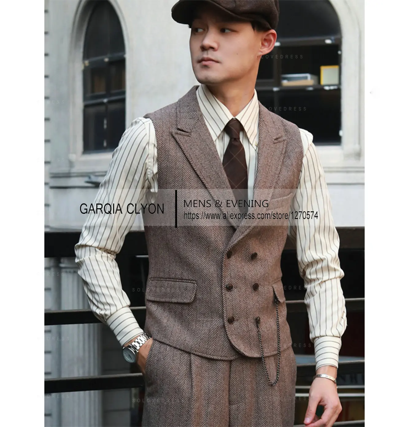 2 Pieces Herringbone Fabric Silm Fit Double-Breasted Men's Suits Causal Business Waistcoat Groom For Wedding（Vest+Pants）