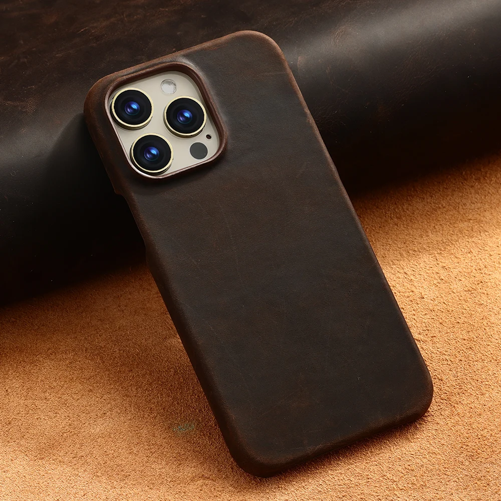 Retro Luxury Full Grain Cowhide Leather MagSafe Case - Genuine Oiled Pull-Up Leather Magnetic Cover