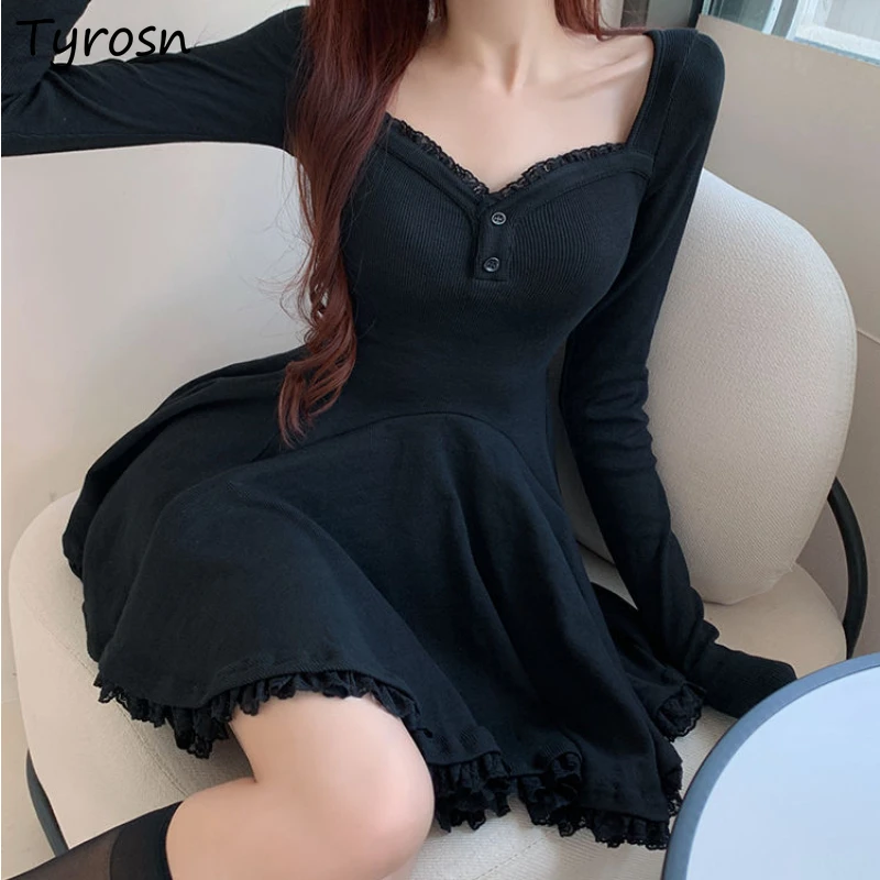 

Mini Sexy Lace Dress Women Hotsweet Square Collar High Waist A-line Temper French Long Sleeve Vestido Elegant Designer Aesthetic