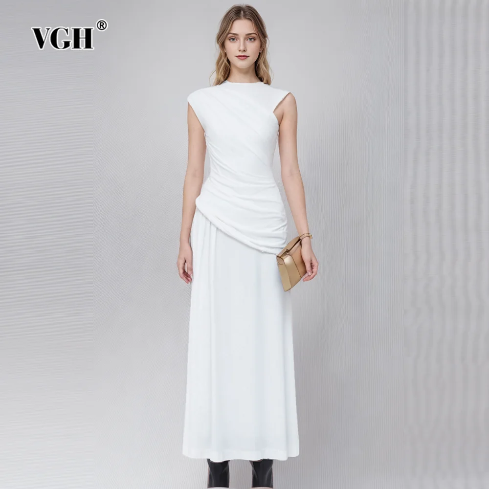 

VGH Elegant Patchwork Folds Solid Dresses For Women Round Neck Sleeveless High Waist Spliced Zipper Temperament Dress Female New