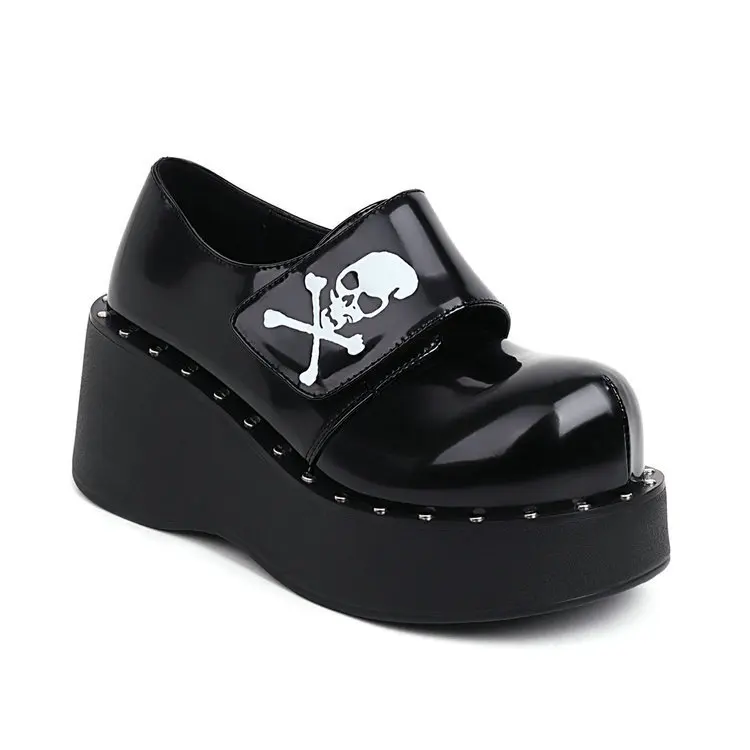 

Dark Goth Skull Retro Mary Jane Shoes Wedge Platform Height Women's Single Shoes Round Toe Large Size Casual Women's Shoes