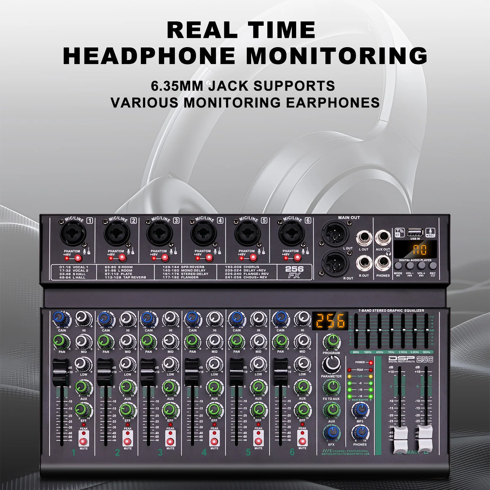 4/6 Channel Audio Interface Mixing Console 256-Bit DSP DJ Mixer Audio Reverb Effect+48V Phantom Bluetooth Mixer
