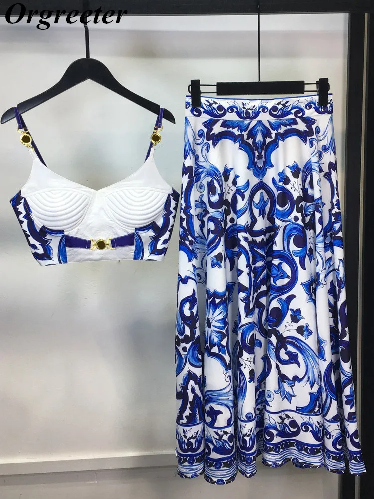 

Summer Vacation Blue And White Porcelain Print Skirt Sets Sexy Spaghetti Strap Padded Cup Crop Top+Long Skirt 2 Piece Set Women