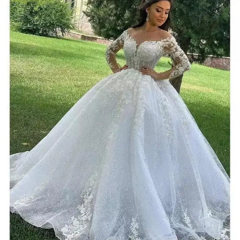

Luxury Long Sleeve Wedding Dresses Lace Embroidery Beading Shinny Wedding Gown Skin Color Prinecess Vestido De Noiva Plus Size