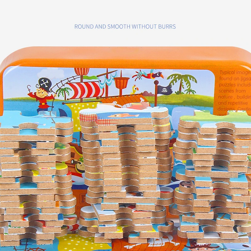 Cartoon Girl Boy Children Toddler Wooden Game Puzzle Paper Puzzle Iron Box 60 Metal Tin Box Children's Toy Holiday Gift