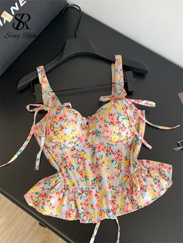 SINGREINY Summer Hotsweet Floral Camis 2026 Female High Waist Slim Lace Up Corset Tops Korean Versatile Casual Holiday Tank Top