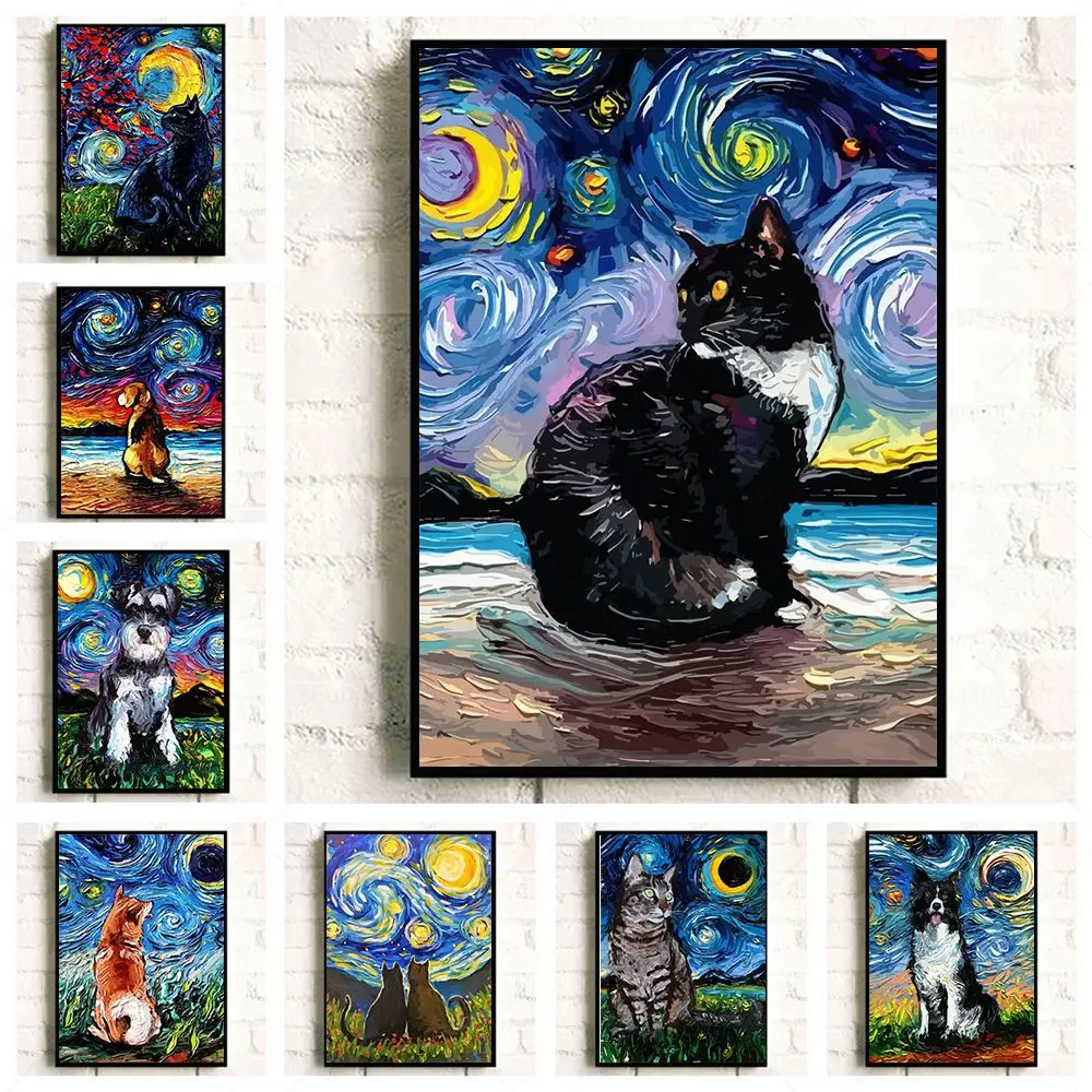 Pittura A Olio Basset Hound Collie Dog Cat Starry Night Van Gogh Wall Art Canvas Poster Stampe Animali Divertenti Decorazioni Per La Casa E Il Soggior