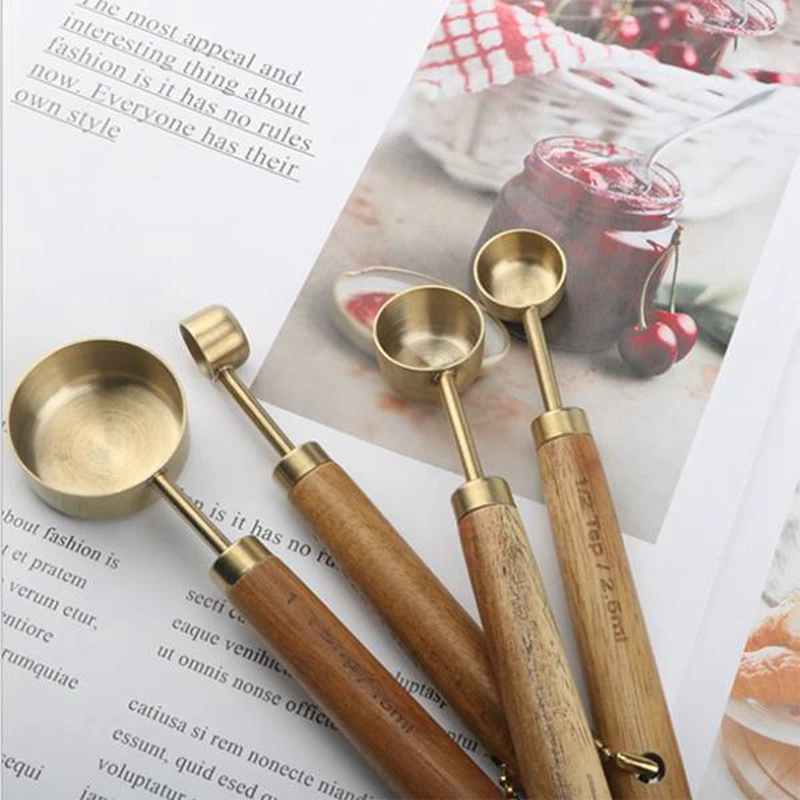 Promotion! Measuring Spoons Set Wood Handle Stainless Steel Measuring Scoop Baking Tool Kit Kitchen Accessories