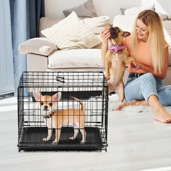 JHK Single Door 30 Inch Folding Metal Wire Dog Cage with Plastic Leak-Proof Pan Tray Extra Large Pet Kennel for Indoor Outdoor 1
