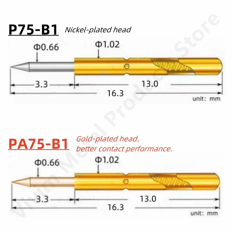P75-B1 Spring Test Probe, P75-B Test Pin, Pogo Pin, diâmetro 16,3mm, diâmetro 1,02mm, 0,66mm, 20 pcs, 100pcs