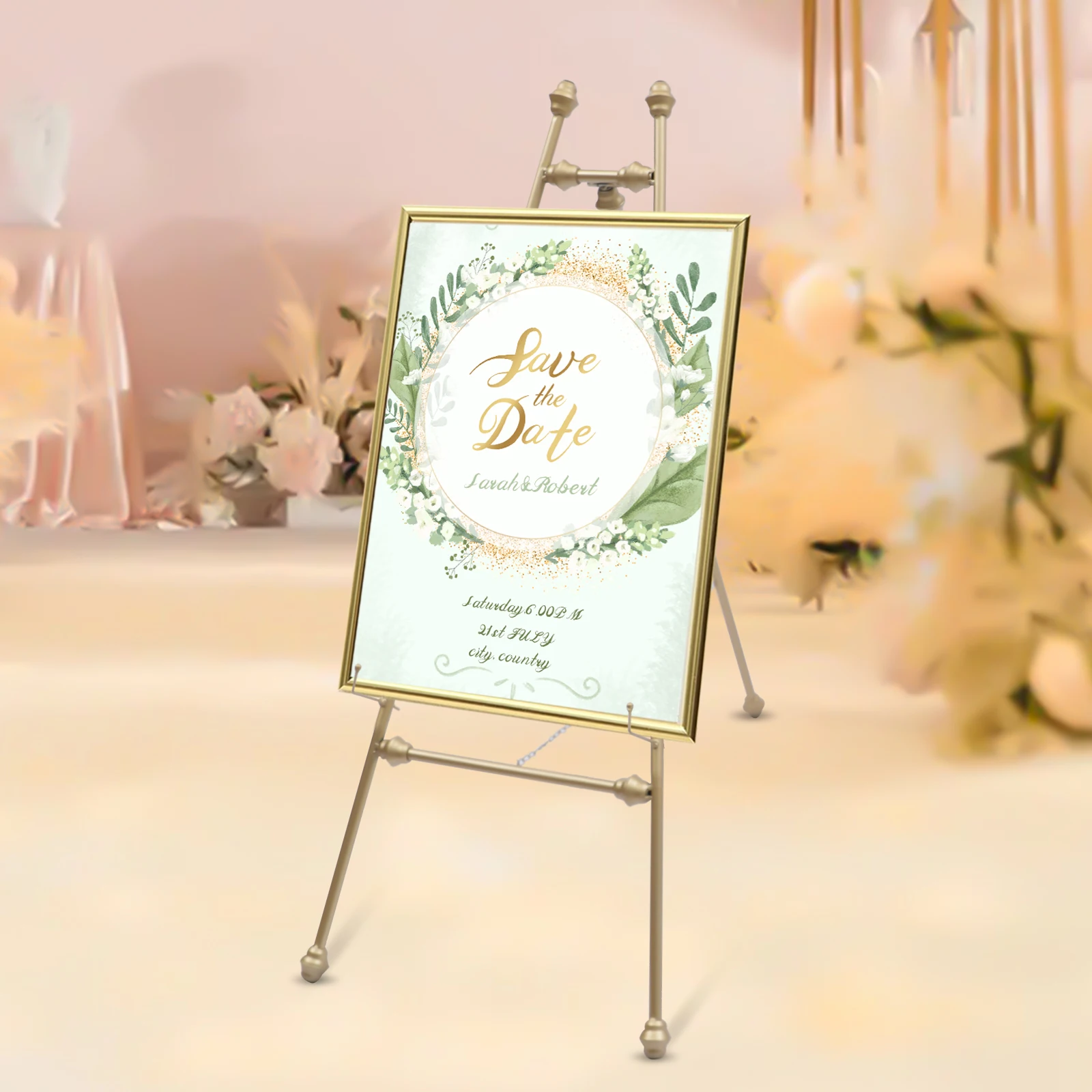 Golden Wedding Easel Stand with Adjustable Hooks Metal Portable Floor Easel Stand for Decorative Display 46.5" Tall 2PCS