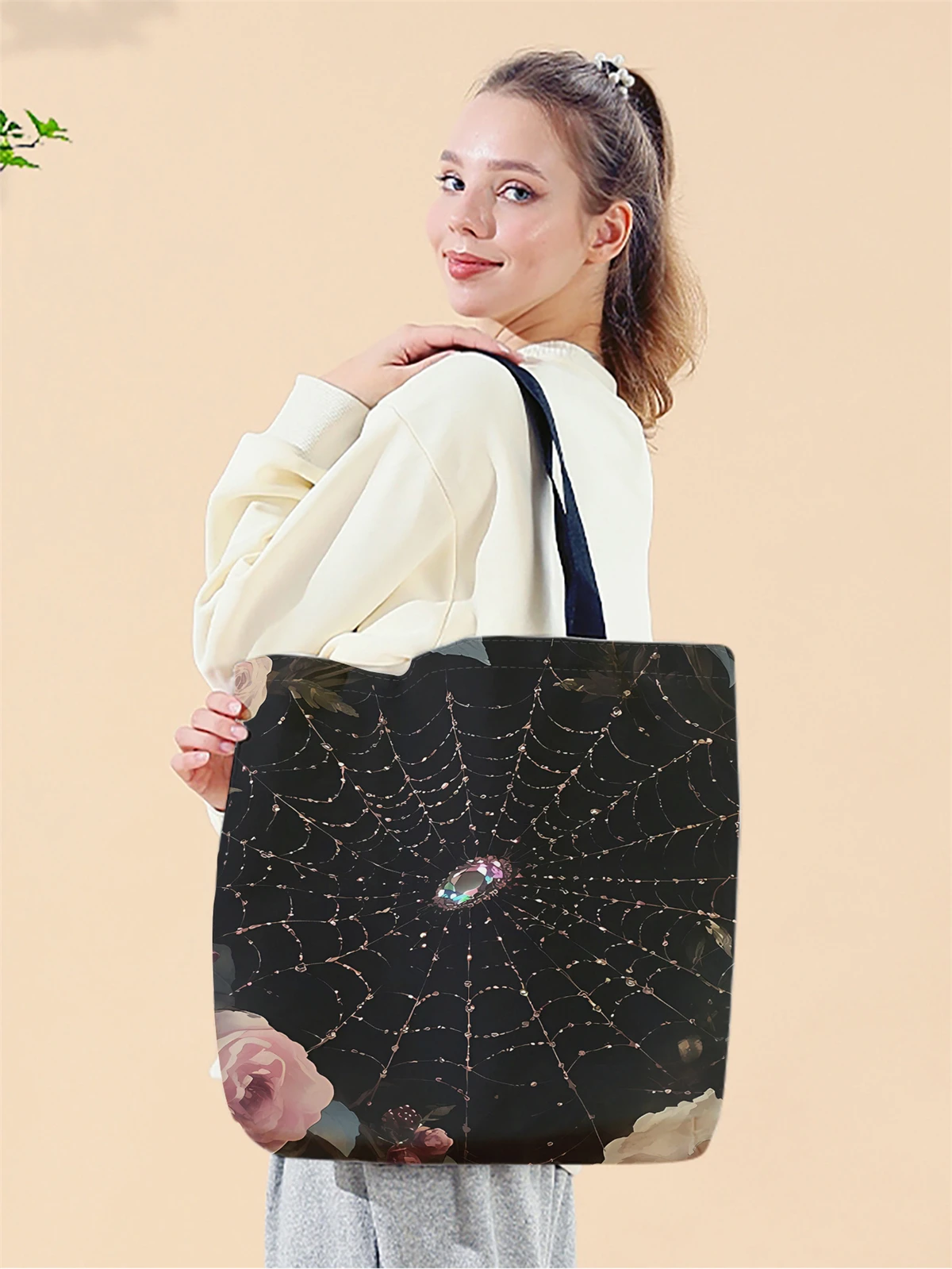 1pc,spider web handbag, reusable fashionable handbag, multifunctional handbag, printed canvas shopping bag