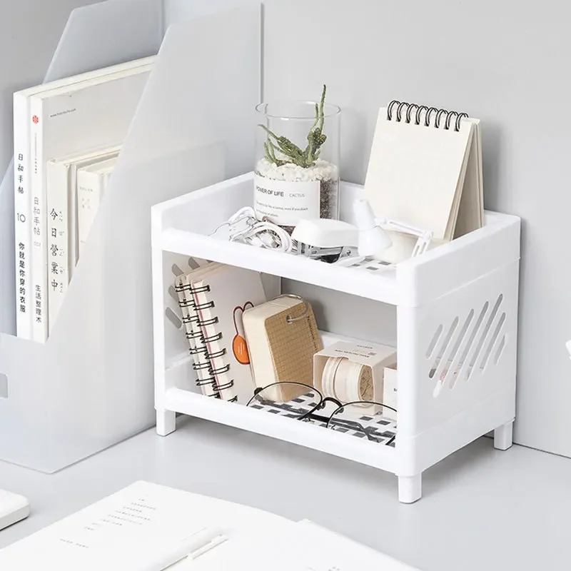 Storage Racks 1PC PP Desktop Double Layer Storage Rack Rectangular White Organizing Student Desk Office Cosmetics Stationery