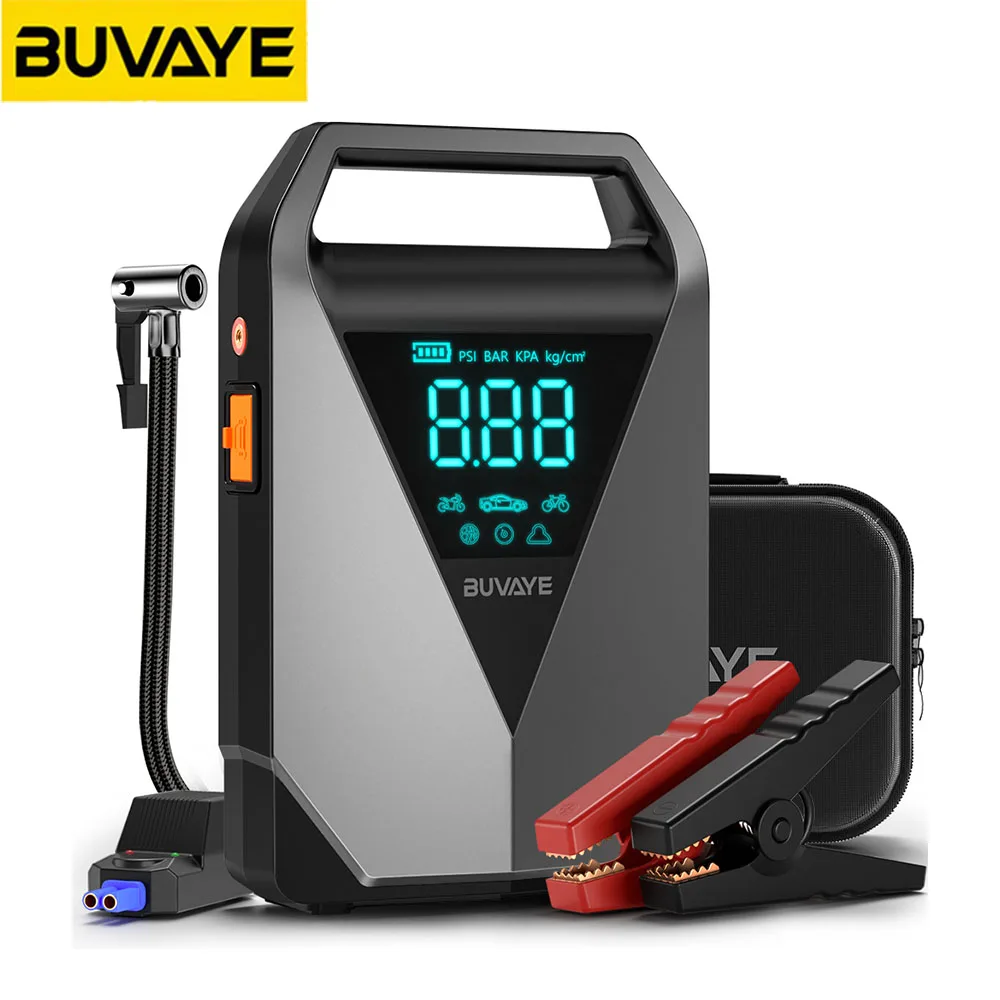 BUVAYE 12000mAh Car Jump Starter Air Pump 150PSI Air Compressor Tire Pump 2500A Car Booster Starting Device Battery Booster Pack