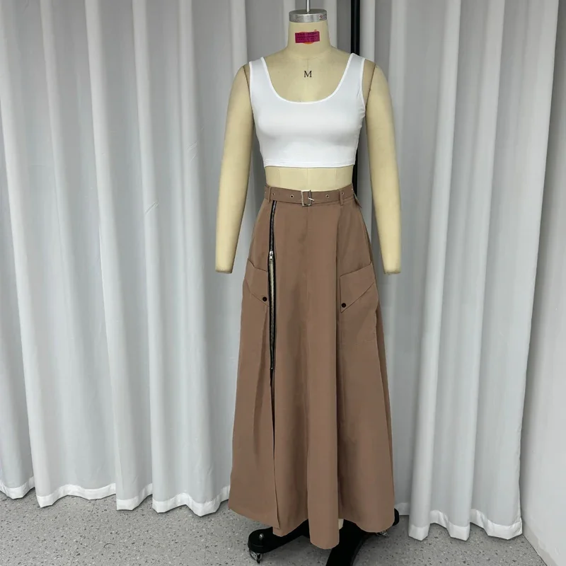 MECOCICI 2 Piece Set Women Stylish Solid Round Neck Sleeveless High Waist Vest Top Loose With Pockets Zipper Long Skirt Sets