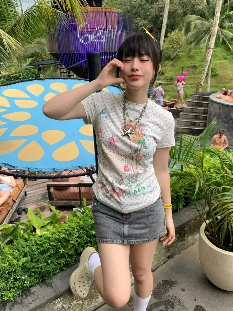 Gray White Wave Point Print Short Sleeve T-shirts 2026 Summer New O-neck Top for Women Y2k Slim Fit All-match Tee Shirt 5